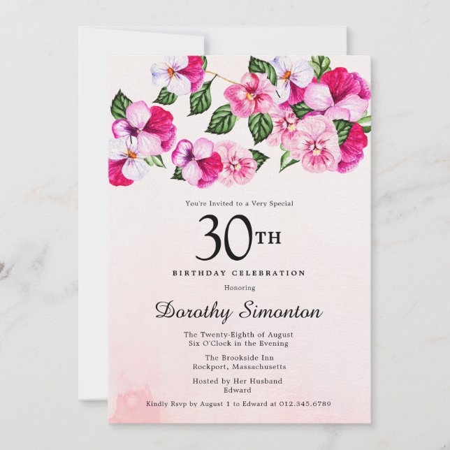 Invitación Floral blanca rosa magenta 30 cumpleaños (Anverso)