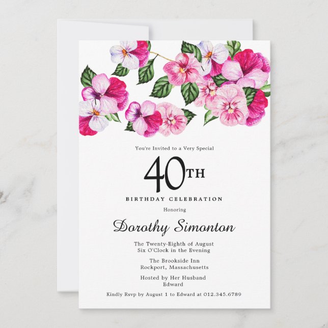 Invitación Floral blanca rosa magenta 40 cumpleaños (Anverso)