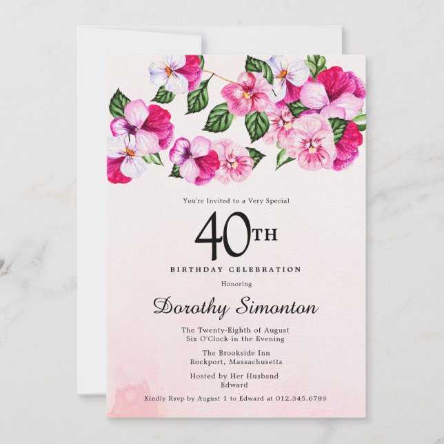 Invitación Floral blanca rosa magenta 40 cumpleaños (Anverso)