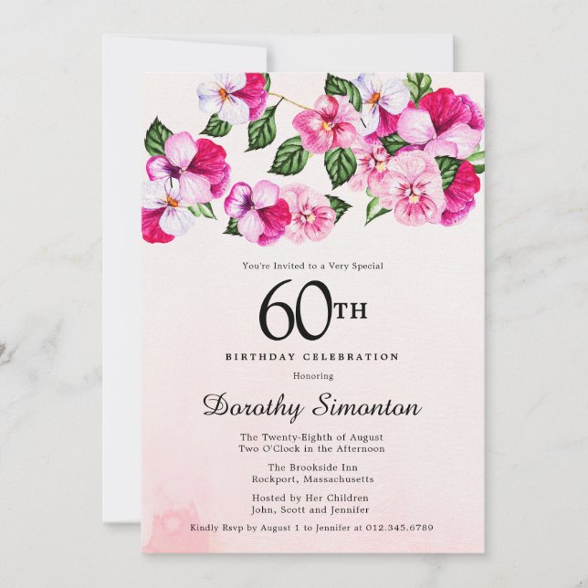 Invitación Floral blanca rosa magenta 60 cumpleaños (Anverso)