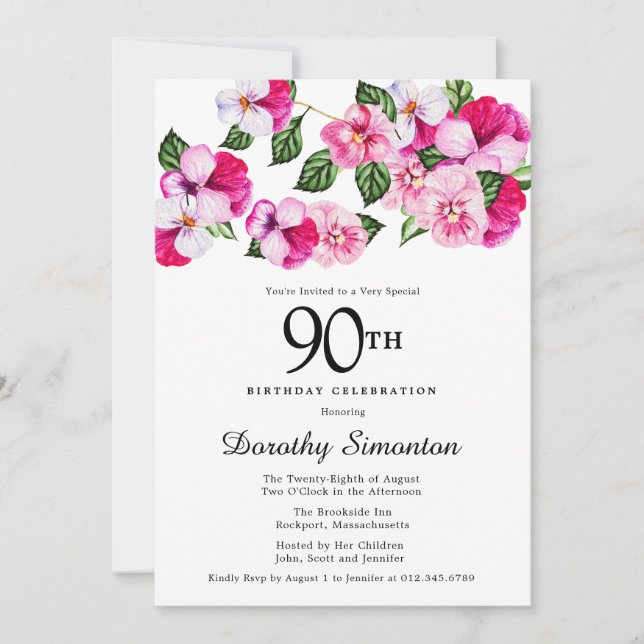 Invitación Floral blanca rosa magenta 90 cumpleaños (Anverso)