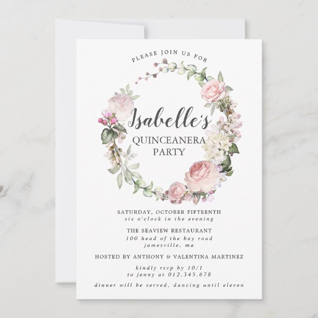 Invitación Floral blanca rosa Quinceanera (Anverso)