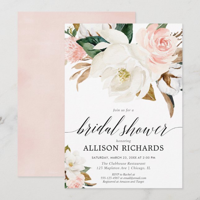 Invitación Floral blanca rosa Rubor otoño ducha de novia (Anverso / Reverso)