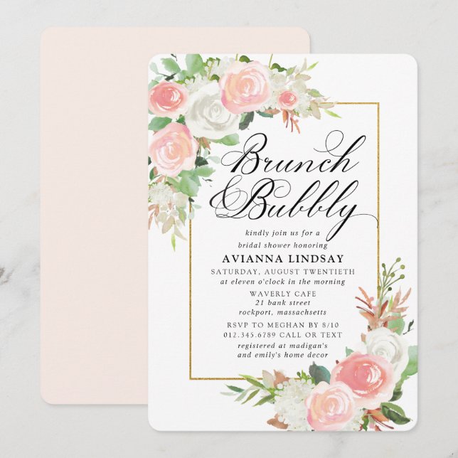 Invitación Floral blanca rosada Bridal Brunch Bubbly Shower (Anverso / Reverso)