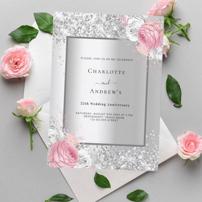 Invitación Floral blanca rosada dorada aniversario 25 boda (Subido por el creador)