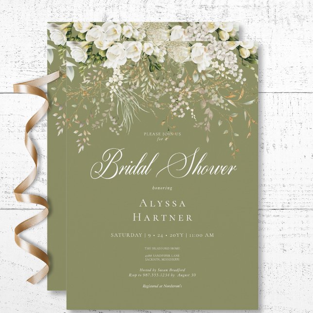 Invitación Floral blanca rusa gota Sage Verde Ducha de novia (Rustic White Floral Drop Sage Green Bridal Shower Invitation)