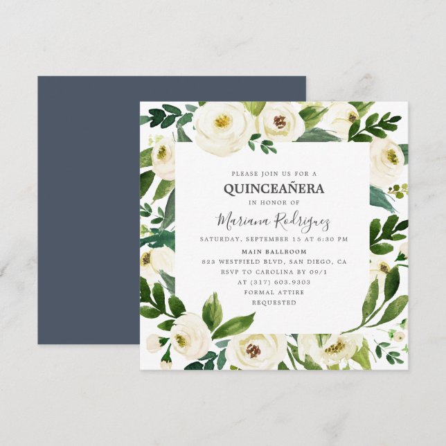 Invitación Floral blanca única y verde Quinceañera (Anverso / Reverso)
