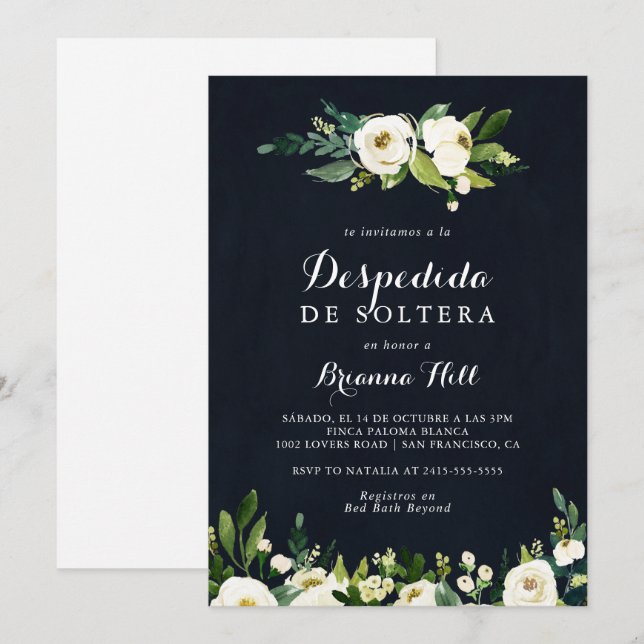 Invitación Floral blanca verde azul español ducha de novia (Anverso / Reverso)