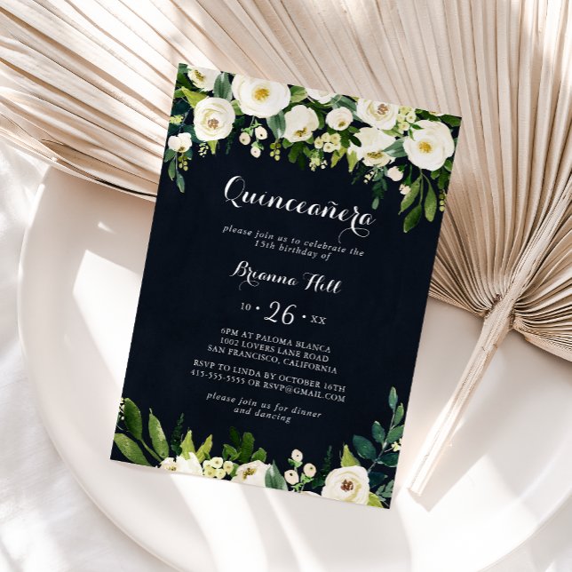 Invitación Floral blanca verde azul real Quinceañera (Subido por el creador)