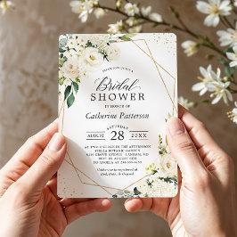 Invitación Floral blanca verde oro geométrico ducha de novia