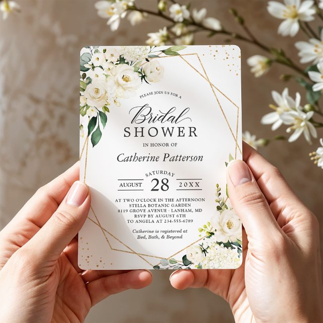 Invitación Floral blanca verde oro geométrico ducha de novia (Subido por el creador)