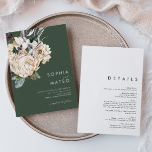 Invitación Floral blanca   Verde Oscuro Todo En Un Boda