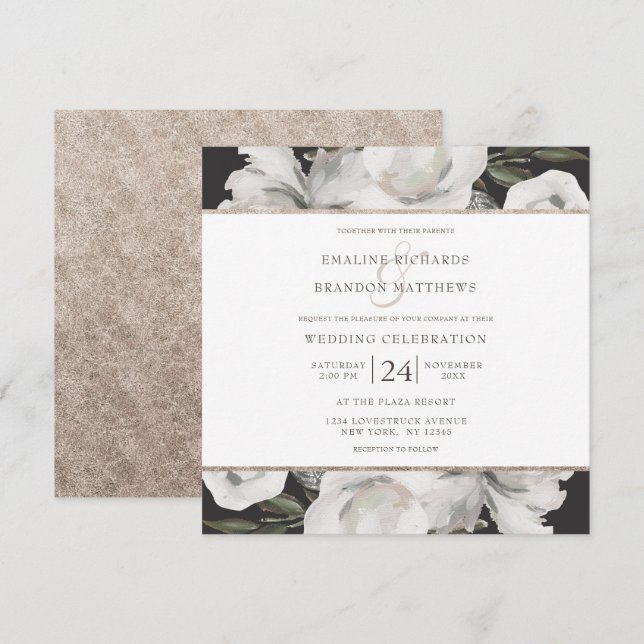 Invitación Floral blanca vintage y Boda Rosa (Anverso / Reverso)