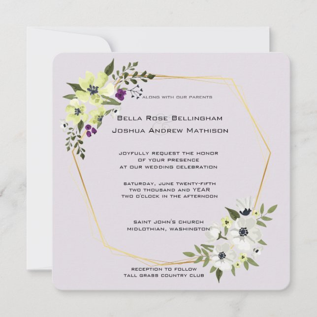 Invitación Floral blanca y amarilla con Boda dorada (Anverso)