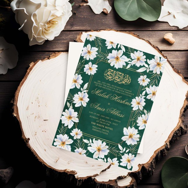 Invitación Floral blanca y Boda musulmana islámica verde (Subido por el creador)