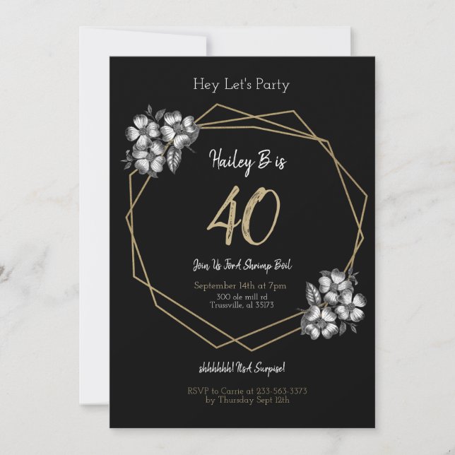 Invitación Floral blanca y dorada blanca 40º cumpleaños (Anverso)