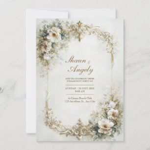 Invitación Floral Blanca y Dorada Boda de Rollo Barroco