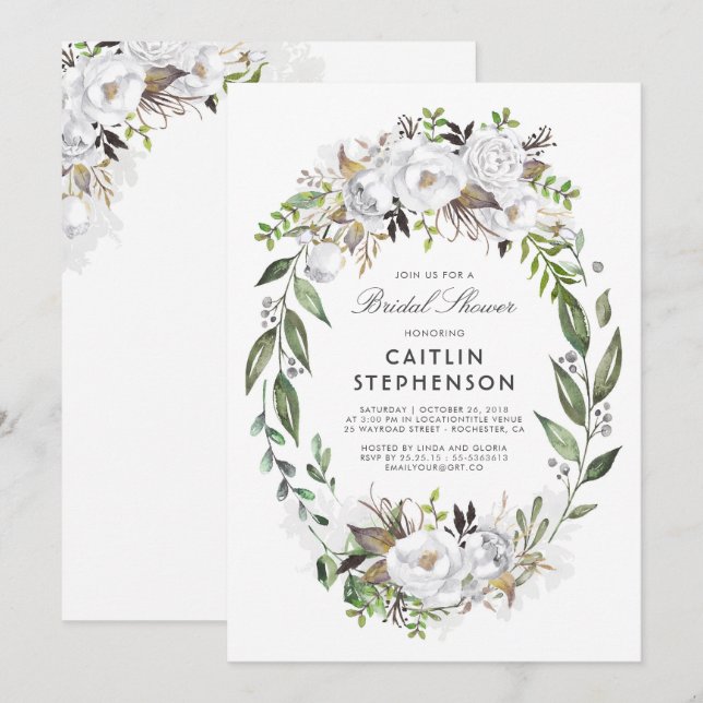 Invitación Floral blanca y dorada Wreath elegante ducha de no (Anverso / Reverso)