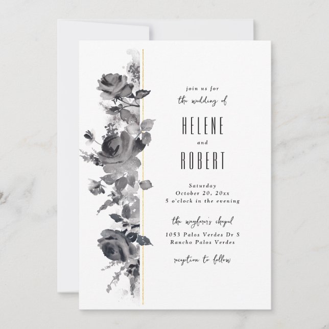 Invitación Floral blanca y negra (Anverso)