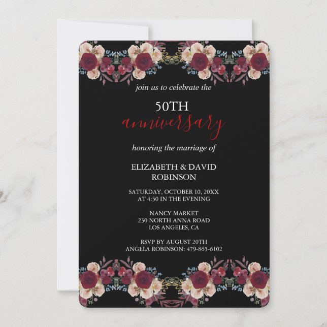 Invitación floral blanca y negra 50° aniversario boda (Anverso)