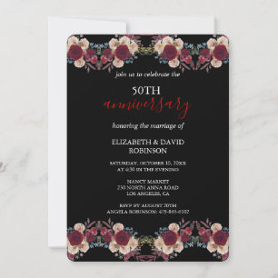 Invitación floral blanca y negra 50° aniversario boda