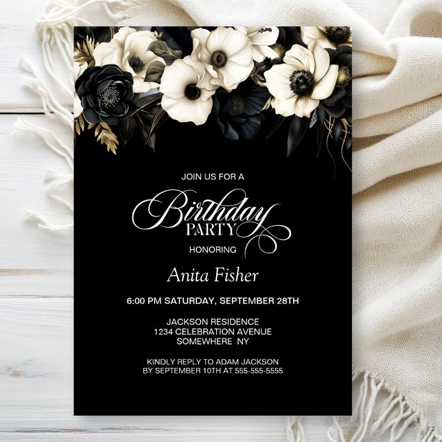 Invitación Floral blanca y negra Cualquier fiesta de cumpleañ (Subido por el creador)