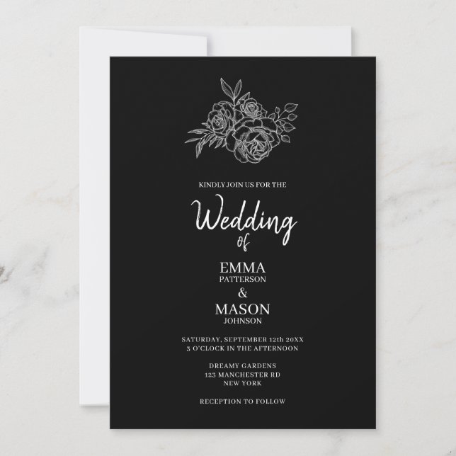 Invitación Floral blanca y negra elegante (Anverso)