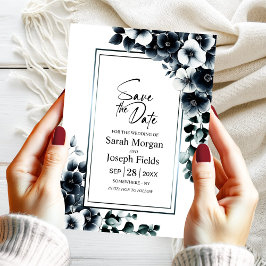 Invitación Floral blanca y negra moderna salvan la fecha