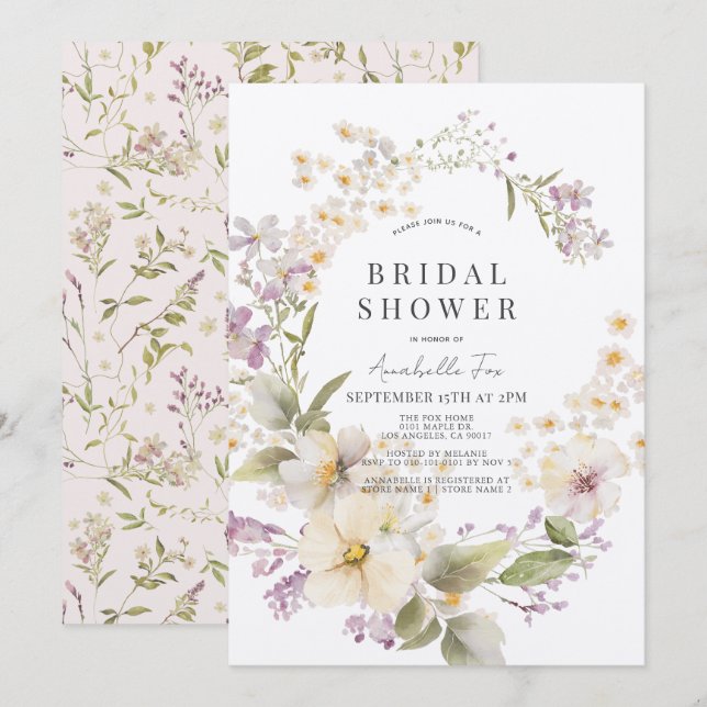Invitación Floral blanca y púrpura en la ducha de novia (Anverso / Reverso)