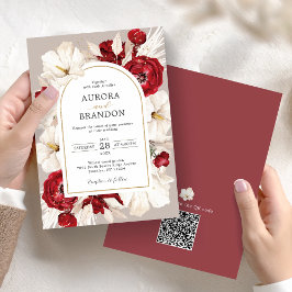 Invitación floral blanca y roja con código QR