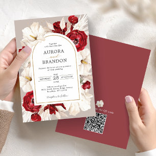 Invitación floral blanca y roja con código QR