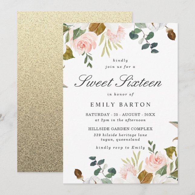 Invitación Floral blanca y Rubor con Purpurina dorado 16 (Anverso / Reverso)