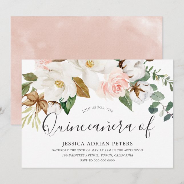 Invitación Floral blanca y Rubor Hermosa Fiesta Quinceanera (Anverso / Reverso)