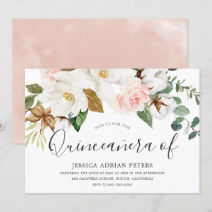 Invitación Floral blanca y Rubor Hermosa Fiesta Quinceanera