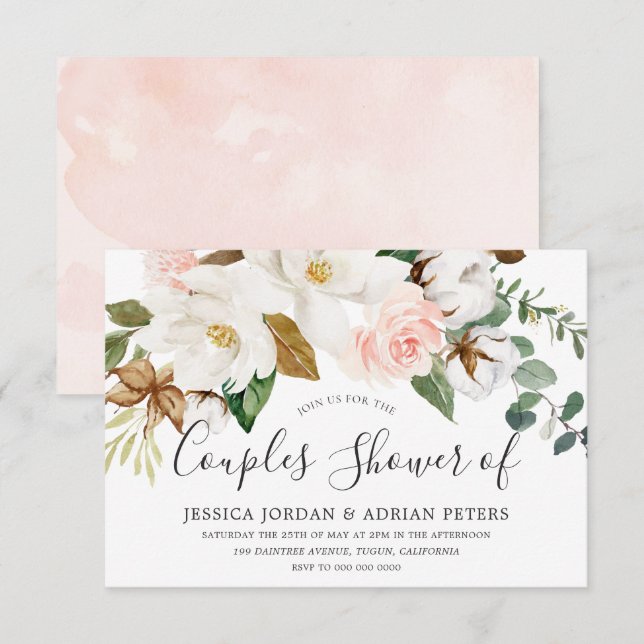 Invitación Floral blanca y Rubor Todo el tiempo Ducha Parejas (Anverso / Reverso)