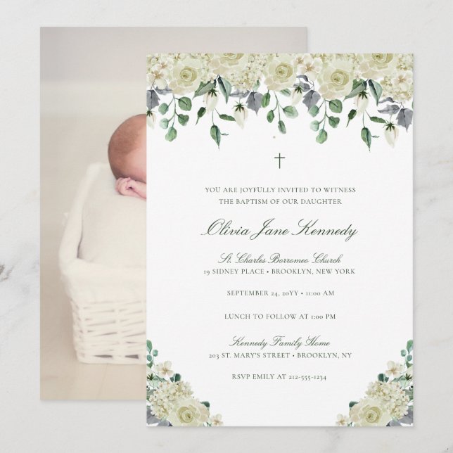 Invitación Floral blanca y vegetación foto bautismo (Anverso / Reverso)