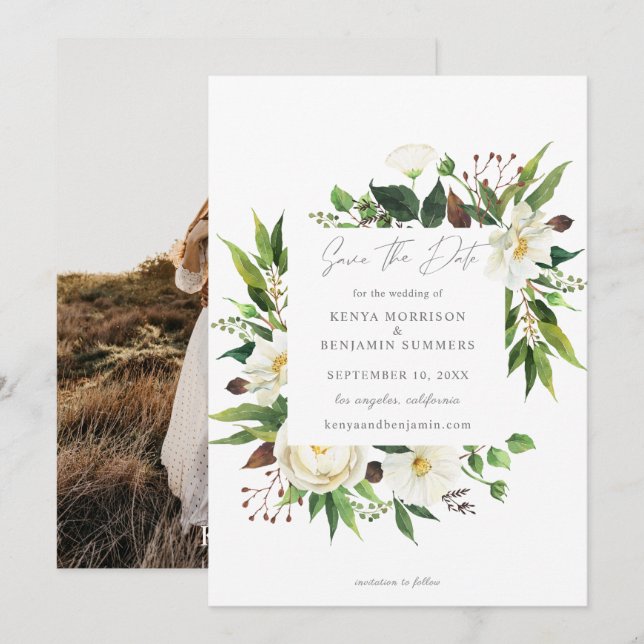 Invitación Floral blanca y verde salvan la foto de la fecha (Anverso / Reverso)