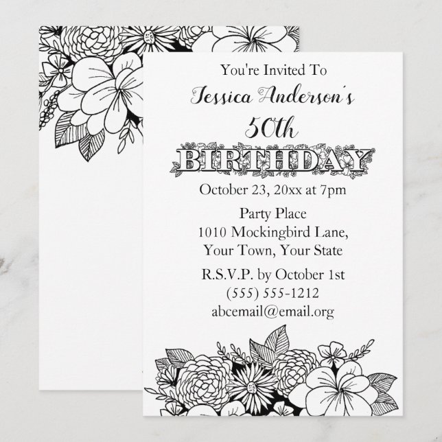 Invitación Floral Blanco Blanco Blanco Cincuenta y 50 años de (Anverso / Reverso)