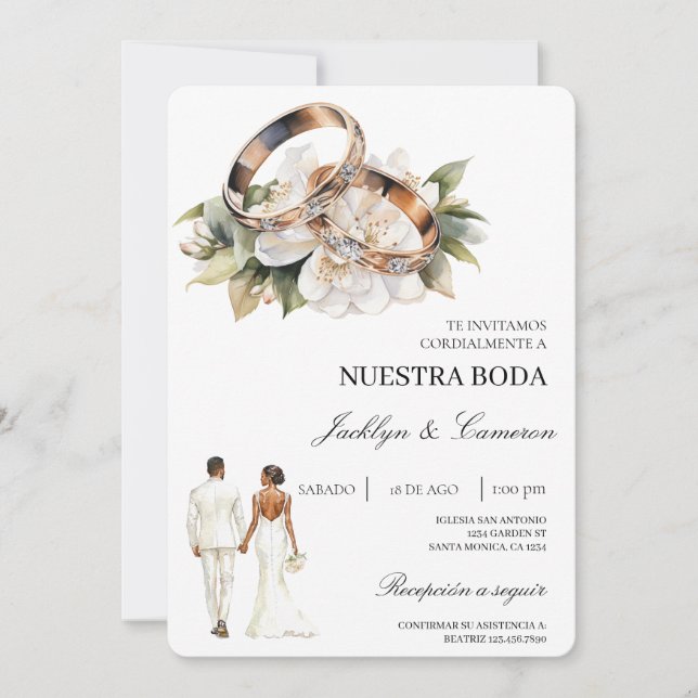 Invitación Floral blanco con anillo Boda española (Anverso)