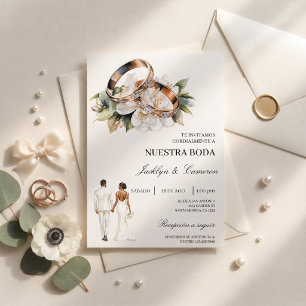 Invitación Floral blanco con anillo Boda española