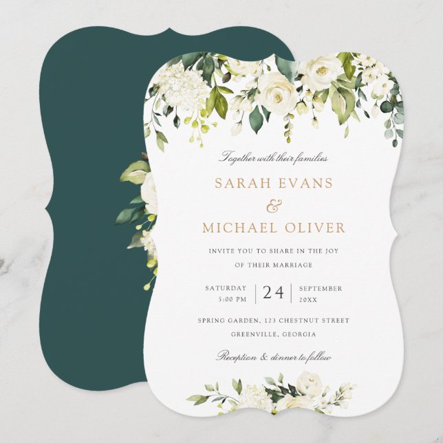 Invitación Floral Blanco Romántico Vegetación Elegante Boda (Anverso / Reverso)