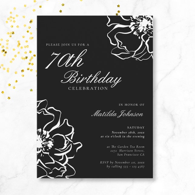 Invitación Floral Blanco y Negro 70 cumpleaños (Mockup View)