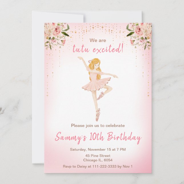 Invitación Floral Blonde Hair Ballerina Cumpleaños (Anverso)