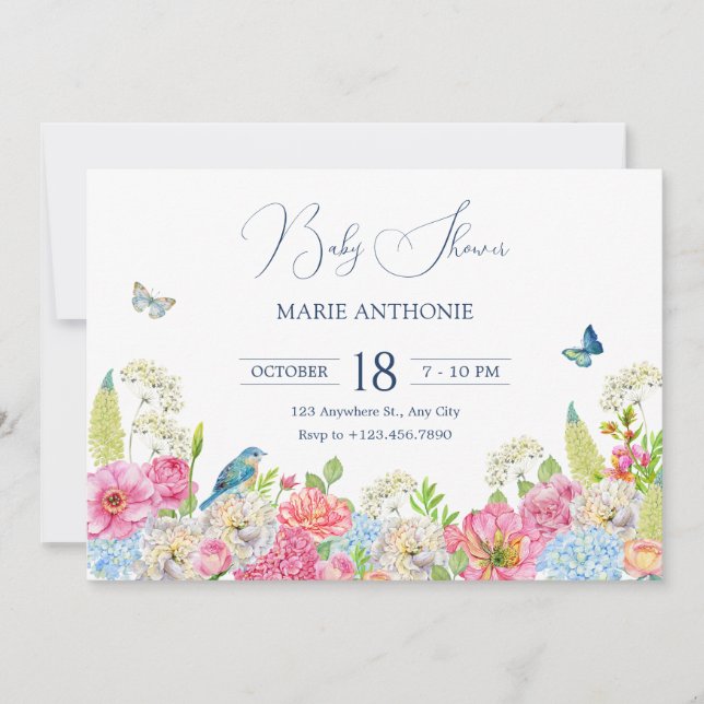 Invitación Floral Bloom azul verde rosa primavera bebé ducha (Anverso)
