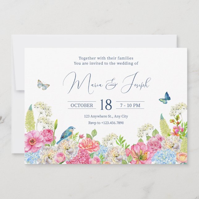 Invitación Floral Bloom azul verde rosa primavera boda (Anverso)
