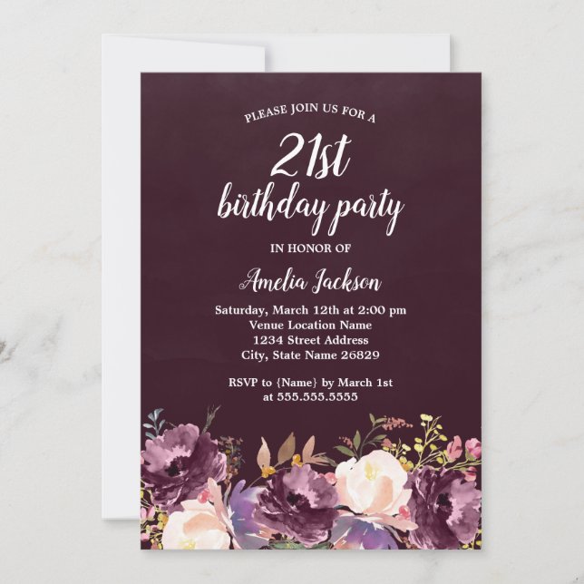 Invitación Floral Bloom Purple 21st Birthday Fiesta (Anverso)