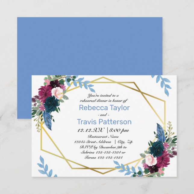 Invitación Floral Blooms Azul Mod - Cena de ensayo 3x5 (Anverso / Reverso)