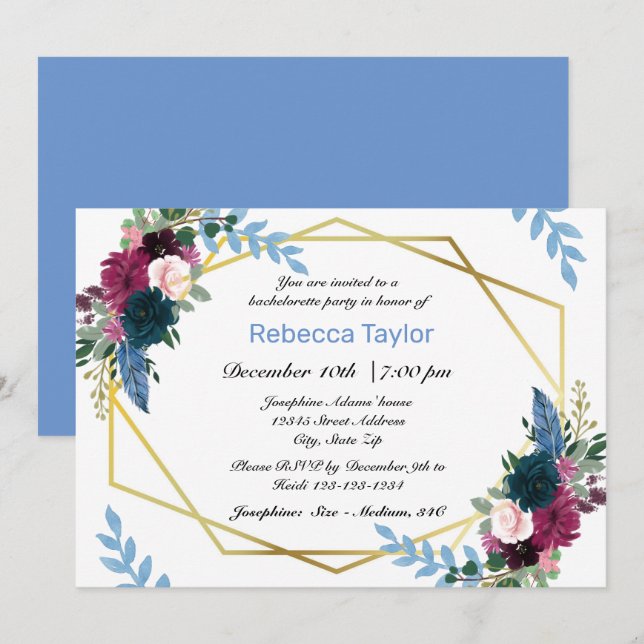 Invitación Floral Blooms Mod Azul - Despedida de soltera (Anverso / Reverso)
