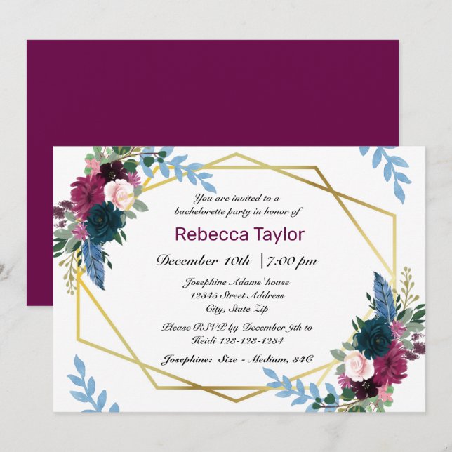 Invitación Floral Blooms Mod Ciruela - Despedida de Soltera (Anverso / Reverso)