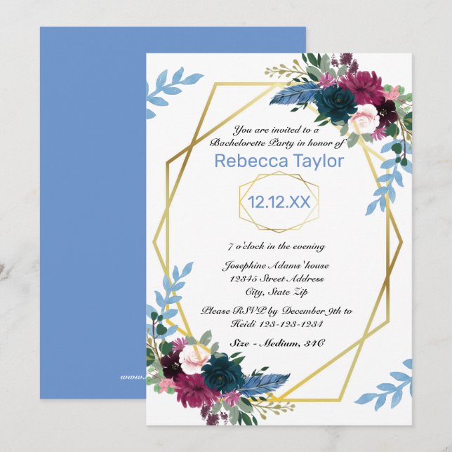 Invitación Floral Blooms Mod Vert Blue - Despedida de soltera (Anverso / Reverso)